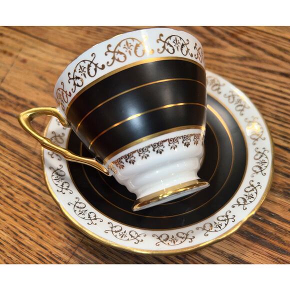 RARE Royal Stafford Bone China Footed Cup and Saucer Set Pattern 7585 BLACK EXC - Picture 1 of 9